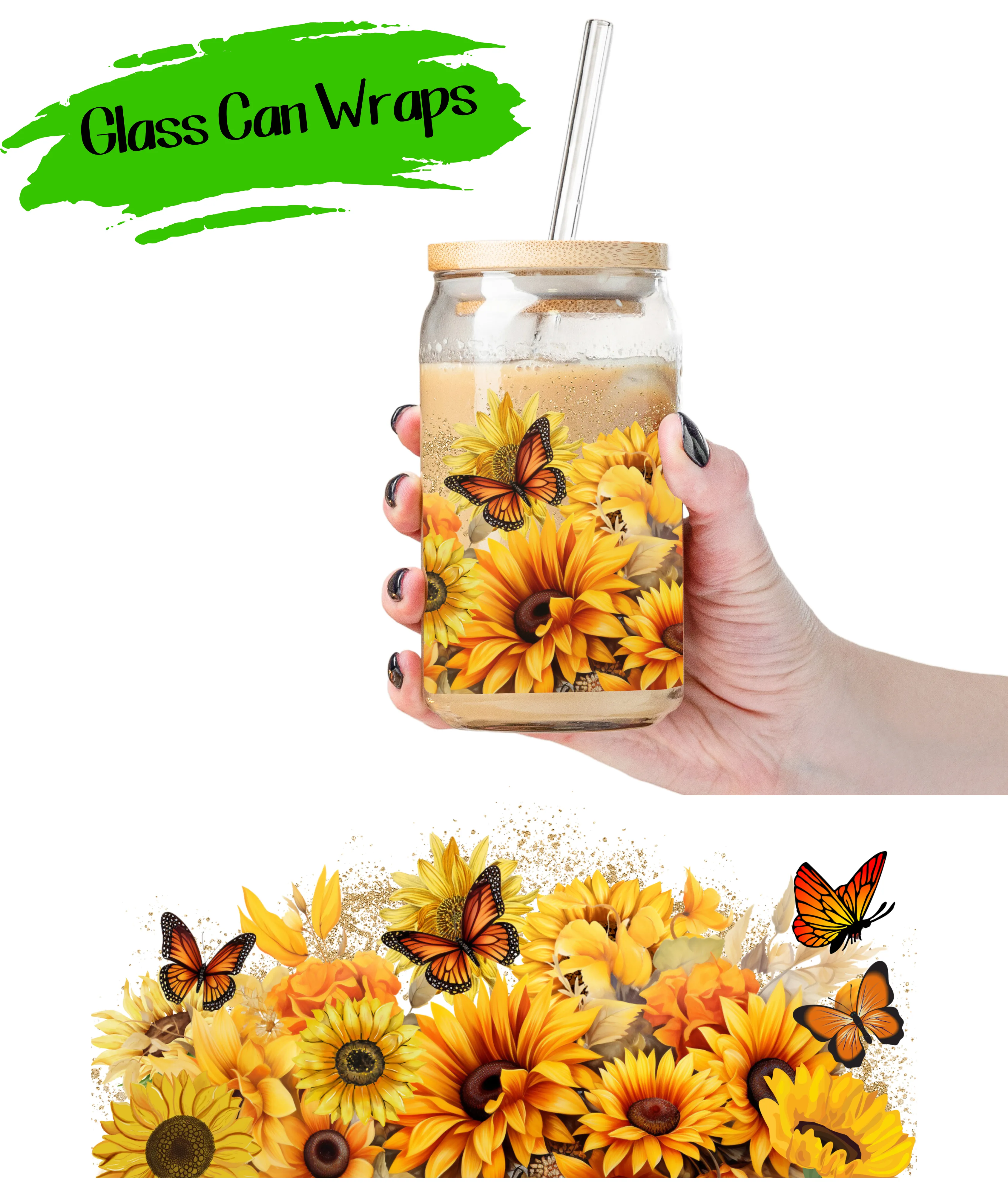 Sunflower Butterflies Wrap for 16/20 oz Cups - UV DTF or Sublimation (SHIPS IN 3-7 BUS DAYS)