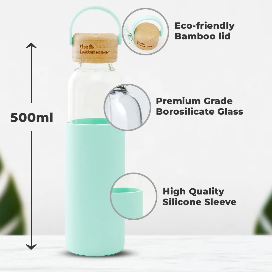 The Better Home Borosilicate Glass Water Bottle with Sleeve (500ml) | Non Slip Silicon Sleeve & Bamboo Lid | Fridge Water Bottles for Men, Women & Kids | Water Bottles for Fridge | Green (Pack of 2)