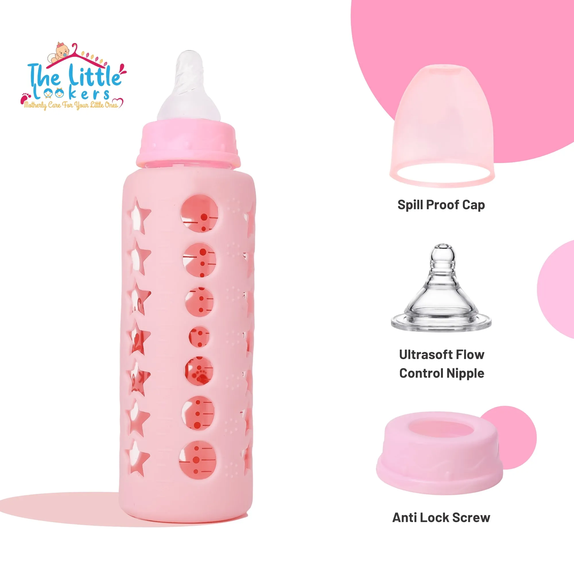 The Little Lookers High Borosilicate Glass Feeding Bottle for Baby/Feeder for Newborn |Super Soft Flow Control & Anti Colic Nipple for Infants/Toddlers(Pack of 3)