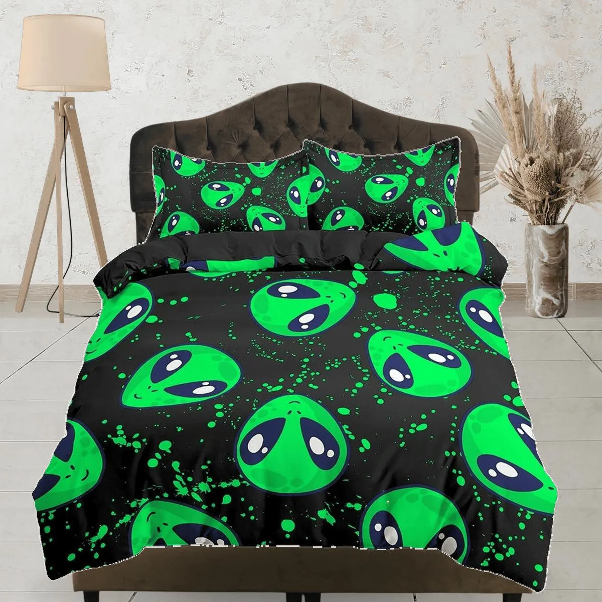 Ufo aliens neon green toddler bedding, duvet cover for nursery kids, crib bedding with pillowcase, baby zipper bedding, king queen full twin