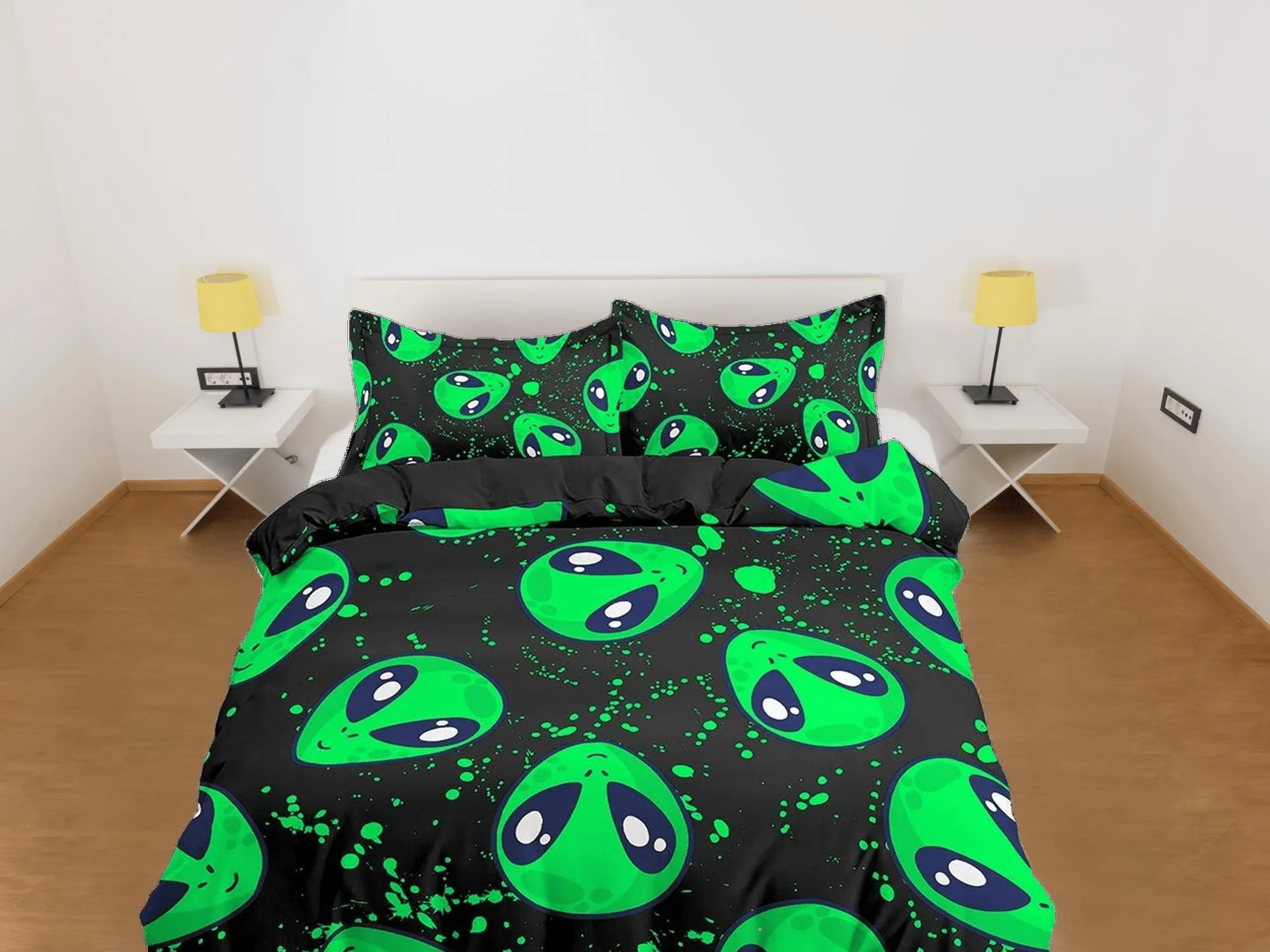 Ufo aliens neon green toddler bedding, duvet cover for nursery kids, crib bedding with pillowcase, baby zipper bedding, king queen full twin