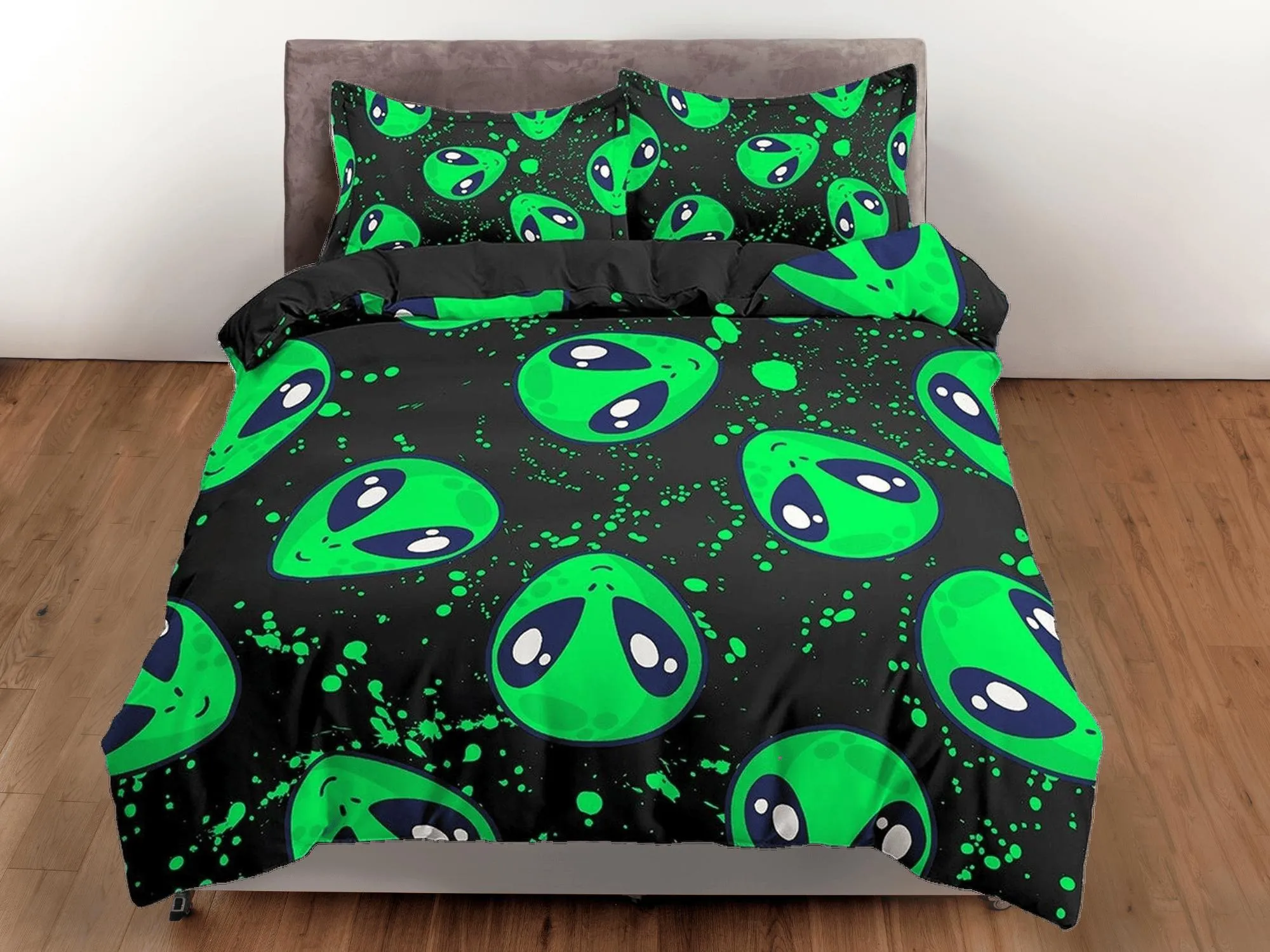 Ufo aliens neon green toddler bedding, duvet cover for nursery kids, crib bedding with pillowcase, baby zipper bedding, king queen full twin