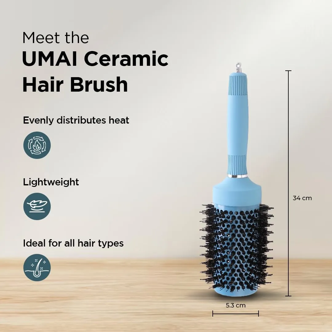 UMAI Hair Brush with Ion-infused Thermal Ceramic Technology, Anti-Static Boar Bristles, Additional Styling Tip, Adds Volume and Shine, Blow Drying, Straightening, Curling Round Brush (53mm)