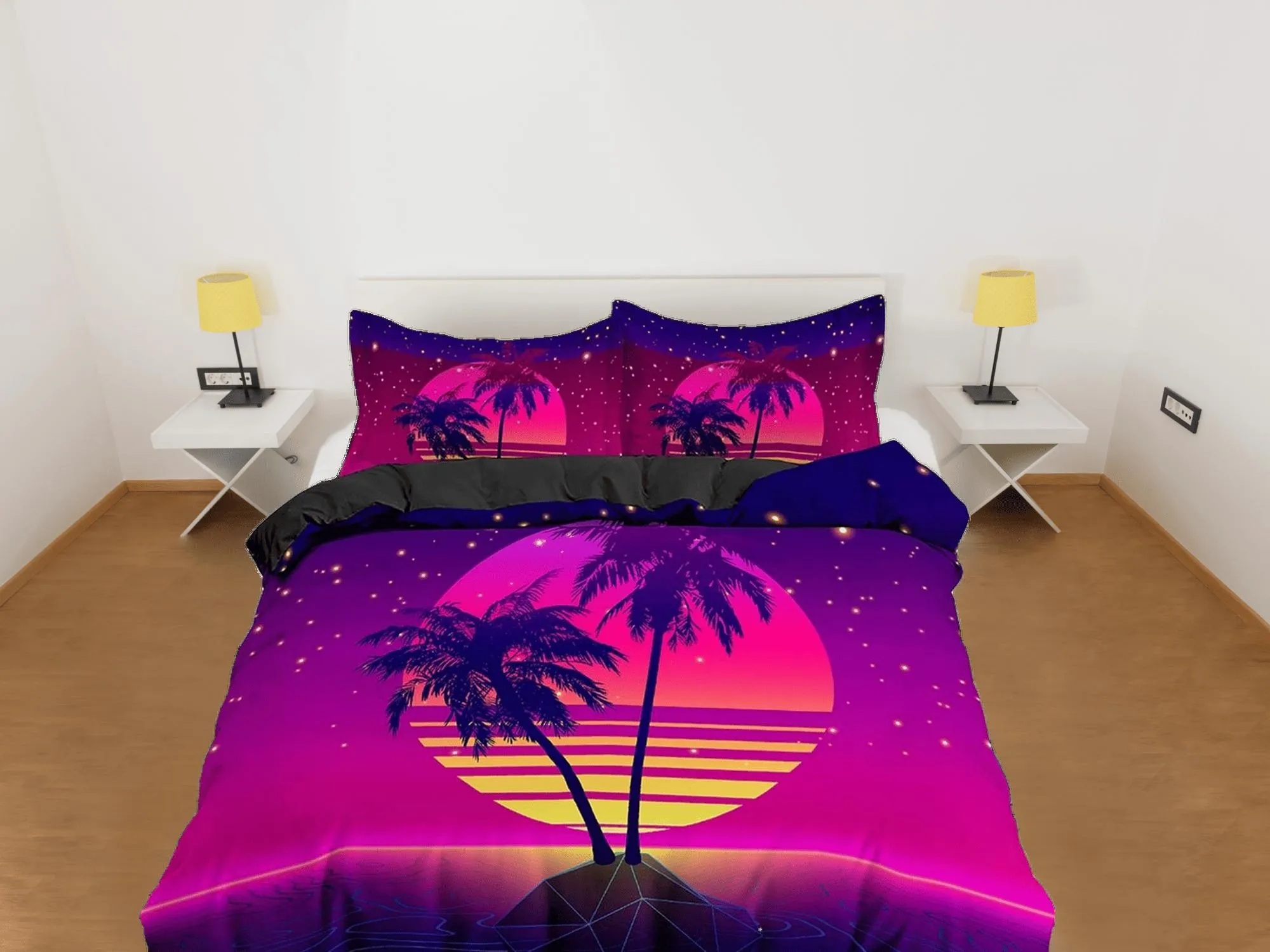 Vaporwave Sunset in Tropical Beach Bedding, Cool Hippie Pink Purple Duvet Cover Set, Trippy Psychedelic Bed Cover 90s Nostalgia Unisex