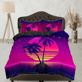 Vaporwave Sunset in Tropical Beach Bedding, Cool Hippie Pink Purple Duvet Cover Set, Trippy Psychedelic Bed Cover 90s Nostalgia Unisex