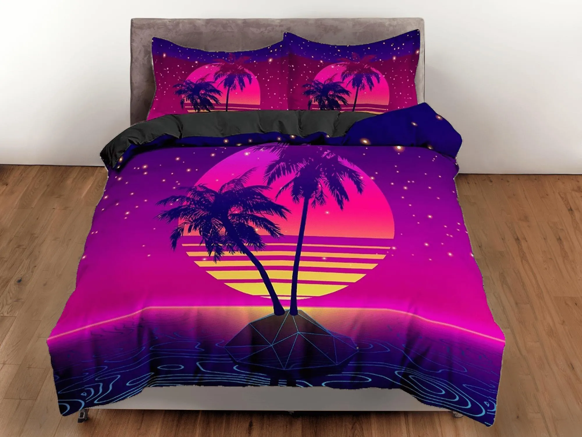 Vaporwave Sunset in Tropical Beach Bedding, Cool Hippie Pink Purple Duvet Cover Set, Trippy Psychedelic Bed Cover 90s Nostalgia Unisex