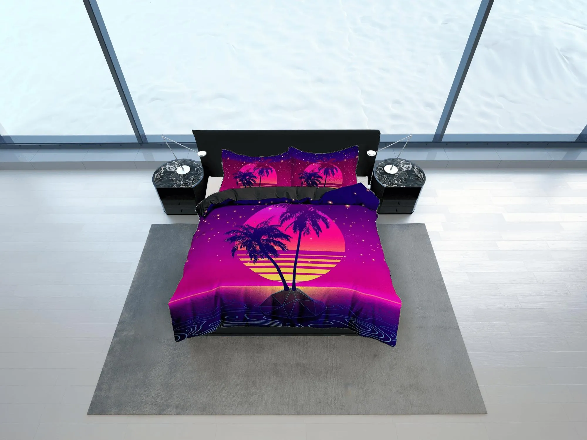 Vaporwave Sunset in Tropical Beach Bedding, Cool Hippie Pink Purple Duvet Cover Set, Trippy Psychedelic Bed Cover 90s Nostalgia Unisex