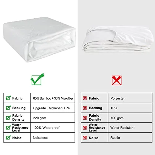 Waterproof Mattress Protector Queen Size Mattress Cover Cooling Rayon Made from Bamboo Mattress Pad Breathable Noiseless Soft Bed Protector Deep Pocket Fits 6"-21", Machine Washable (Queen, 1 Pack)